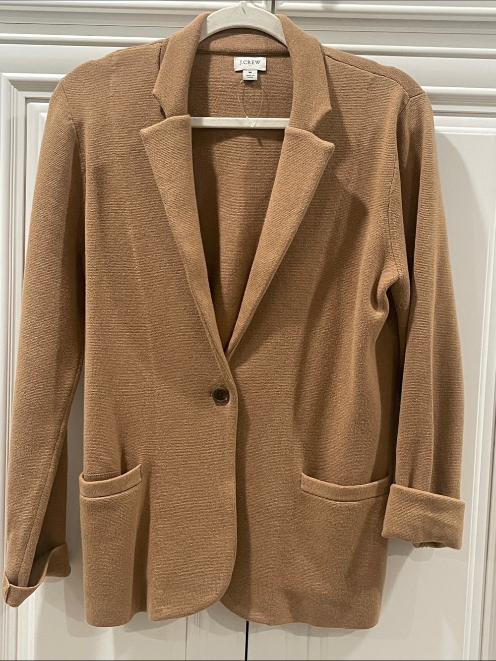 J. Crew Factory Acorn Camel One Button Knit Schoolboy sweater Blazer Cardigan M - Picture 5 of 12